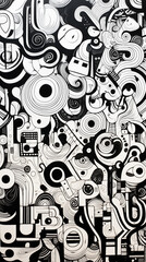 Black and white doodle pattern on music-inspired background with floral and skull elements