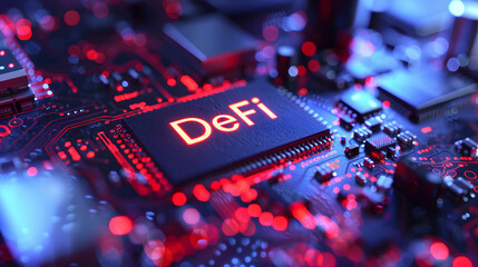 Fototapeta na wymiar Word “DeFi” on microchip board, decentralized finance, financial services without the involvement of intermediaries, financial centers or banks