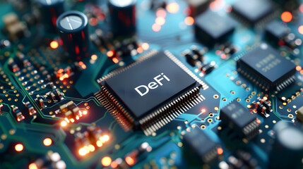Word “DeFi” on microchip board, decentralized finance, financial services without the involvement of intermediaries, financial centers or banks - obrazy, fototapety, plakaty