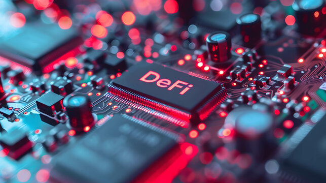 Word “DeFi” on microchip board, decentralized finance, financial services without the involvement of intermediaries, financial centers or banks