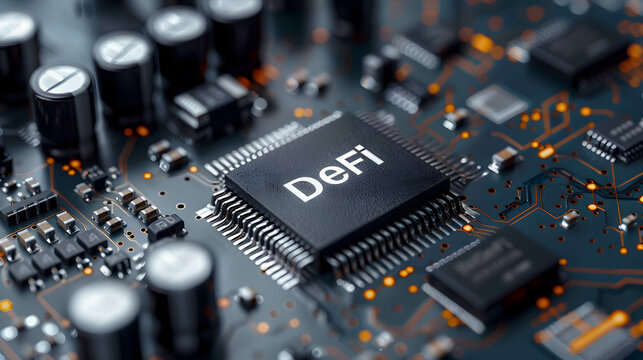 Word “DeFi” on microchip board, decentralized finance, financial services without the involvement of intermediaries, financial centers or banks