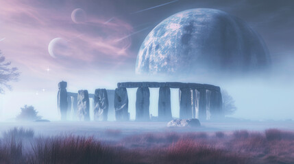 Giant planet over famous Stonehenge ancient mystery site in England UK. - obrazy, fototapety, plakaty