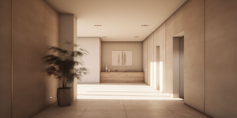 Soft light envelopes a minimalist foyer, hallway, where a lone potted plant adds a touch of nature, creating a soothing, Japandi-inspired sanctuary of simplicity.