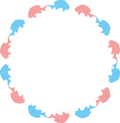 Round frame with blue and pink silhouettes of fish on white background. Vector image.