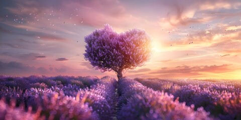 Lavender tree in heart shape symbol for cancer awareness campaign promotion. Concept Cancer Awareness, Lavender Tree, Heart Shape, Campaign Promotion - obrazy, fototapety, plakaty