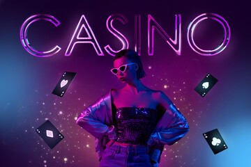 3d collage picture of glamour stunning girl multicolor las vegas casino advert lights ace combination card