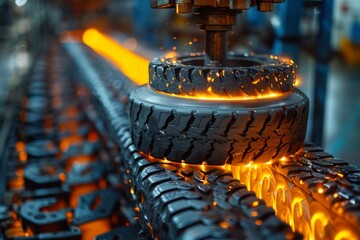 The image shows the production process of car tires with glowing materials and machinery