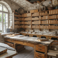 Un atelier dans un grenier avec une fenêtre en pierre et structure en bois