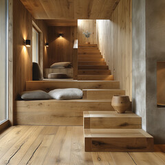 Un intérieur de maison en bois brut clair avec un escalier et un couloir avec des coussins cozy