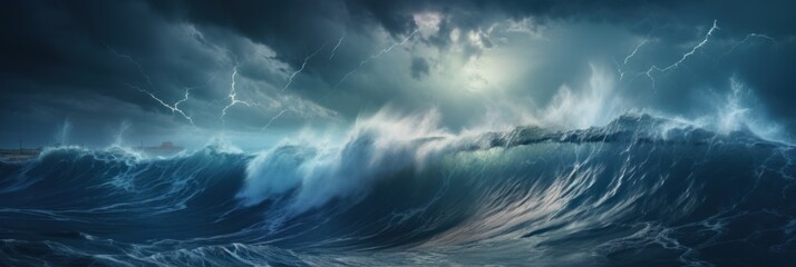 Bright lightning strike over sea tide in a thunderstorm at night. - obrazy, fototapety, plakaty