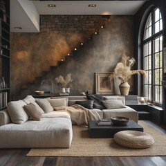 Un salon lumineux en marbre et bois sombre