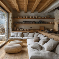 Une décoration d'intérieur de maison en bois confort avec des coussins agréable et cozy, baie vitrée