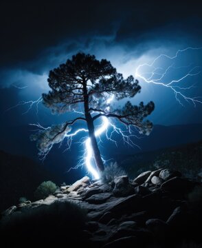 Bright lightning strike on a lonely tree in a thunderstorm at night.