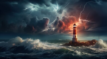 Lighthouse in a large thunder storm with high tide. - obrazy, fototapety, plakaty