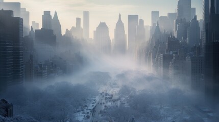 High angle view of a large city with snow and fog in winter.