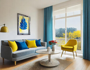 Wnętrze nowoczesnego salonu w niebieskich i żółtych barwach - obrazy, fototapety, plakaty