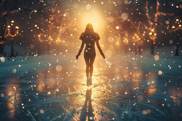 A woman walks under sparkling lights in a wintery night evoking a sense of mystery and enchantment