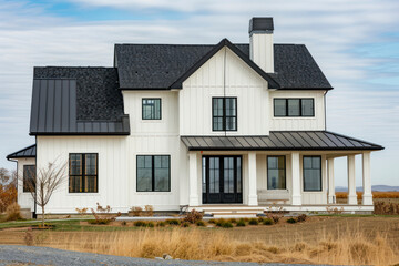 A new, white modern farmhouse with a dark shingled roof and black window frames.