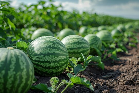 Watermelons awaiting harvest in a field, the image portrays agricultural abundance and healthy eating