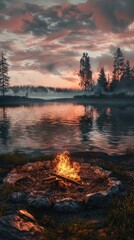 a deserted campsite by the lakeshore, with a fire pit containing only embers and glowing coals, just after sunset.