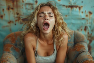 Tired young woman in casual wear yawns with a background of rusty metal textures - obrazy, fototapety, plakaty