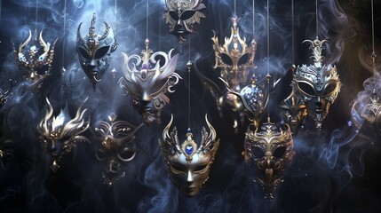 Construct a breathtaking ensemble of fantastical masks suspended in mid-air, surrounded by wisps of ethereal mist that dance and swirl with an otherworldly grace.

