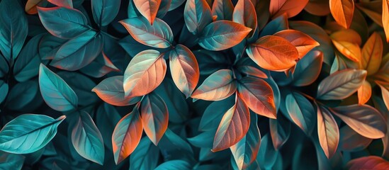 Numerous assorted leaves gathered together, showcasing a variety of colors and shapes, set against a vibrant green background - obrazy, fototapety, plakaty