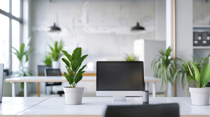 Modern office space interior with green plants, desks and computers, empty room with white design....