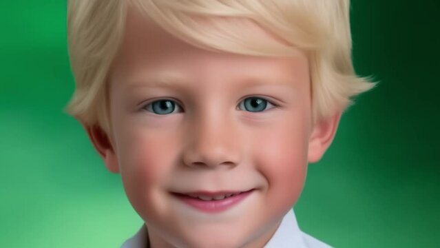 Portrait of a little smiling boy on green background, blond with blue eyes, green background, chromakey, Generative AI,