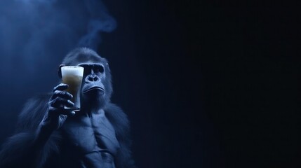 Gorilla with a glass of beer in his hand on a dark background. Copy space