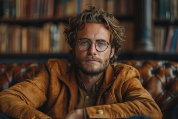 Confident man with curly hair poses in a leather chair surrounded by books, scholarly and stylish - obrazy, fototapety, plakaty