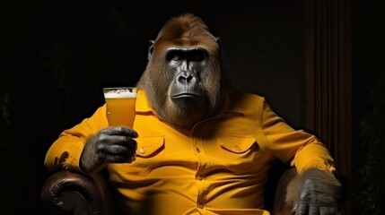 Gorilla sits with a glass of beer in his hand.