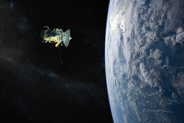 Blue planet Earth. Spacecraft launch into space. Elements of this image furnished by NASA.