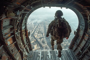 A daring paratrooper in uniform leaps from an aircraft, cityscape sprawling beneath him, depicting courage and adventure