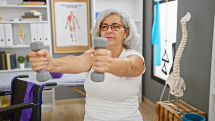 A mature woman exercises with dumbbells in a physical therapy clinic, highlighting health and rehabilitation.