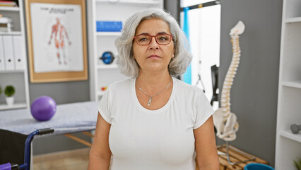 A middle-aged woman in a clinic, with a serene expression and grey hair standing indoors near...