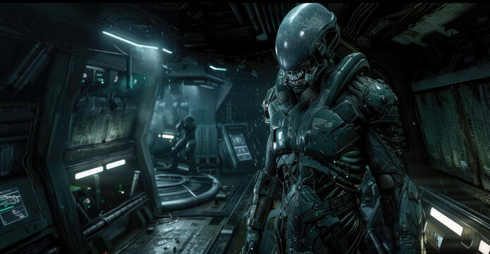Creepy alien soldier in dark spaceship, scary extraterrestrial humanoid inside spacecraft or base. Concept of future, space, sci-fi, ufo, horror, spooky warrior,