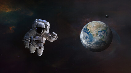Astronaut in deep space with Earth planet. Elements of this image furnished by NASA.