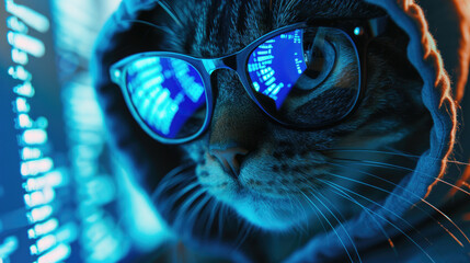Cat as hooded hacker with reflection of computer code in glasses. Concept of spy, technology, hack, funny animal, cyber security, scam, crime and virus