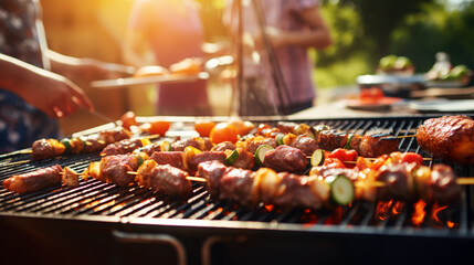 barbecue meat party people happy grill garden daylight blur closeup background ai visual concept - obrazy, fototapety, plakaty