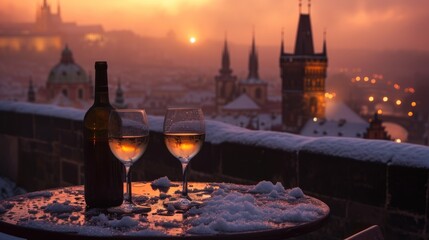 Wine on table with beautiful historical buildings at sunrise in winter in Prague city in Czech Republic in Europe. - obrazy, fototapety, plakaty