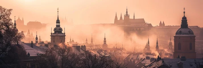 Zelfklevend Fotobehang Beautiful historical buildings in winter with snow and fog in Prague city in Czech Republic in Europe. © rabbit75_fot