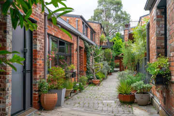 Fototapeta na wymiar Exterior of brick houses in a row with plants in backyard.