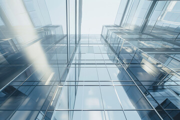 Obraz premium From below of entrance of office building next to contemporary high rise structures with glass mirrored walls.