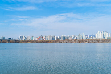Seoul Downtown with river lake skyline, South Korea. Financial district and business centers in...