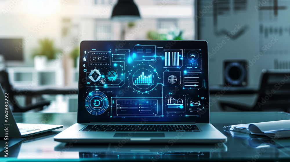 Poster business data statistics analysis display on laptop, data management system software technology, dig