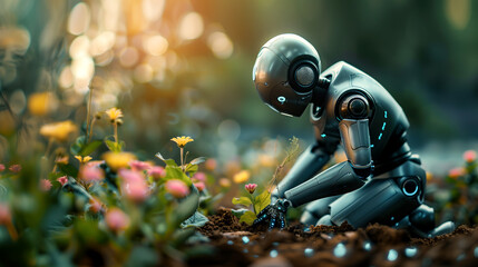 A mechanical robot plants flowers in a fertile land. The rebirth of the earth by robots. Artificial intelligence, the futuristic digital age of robot science and digital technology. The robot farmer
