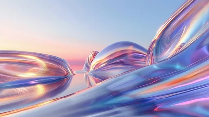 Kussenhoes 3d render abstract background in nature landscape. Transparent glossy glass ribbon on water. Holographic curved wave in motion. Iridescent design element for banner background, wallpaper. © sania