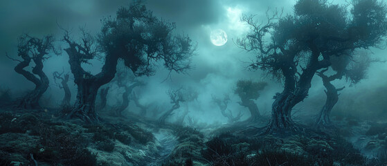 Fototapeta na wymiar Dark haunted fantasy forest with fog and moon, spooky crooked trees in misty fairy tale woods at night. Theme of horror, nature, mist, scary