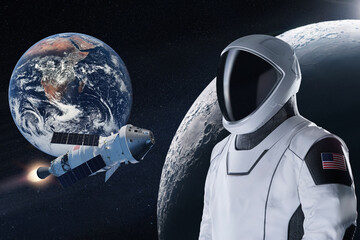 Shuttle with astronaut in deep space. Artemis program spacecraft. Elements of this image furnished by NASA.